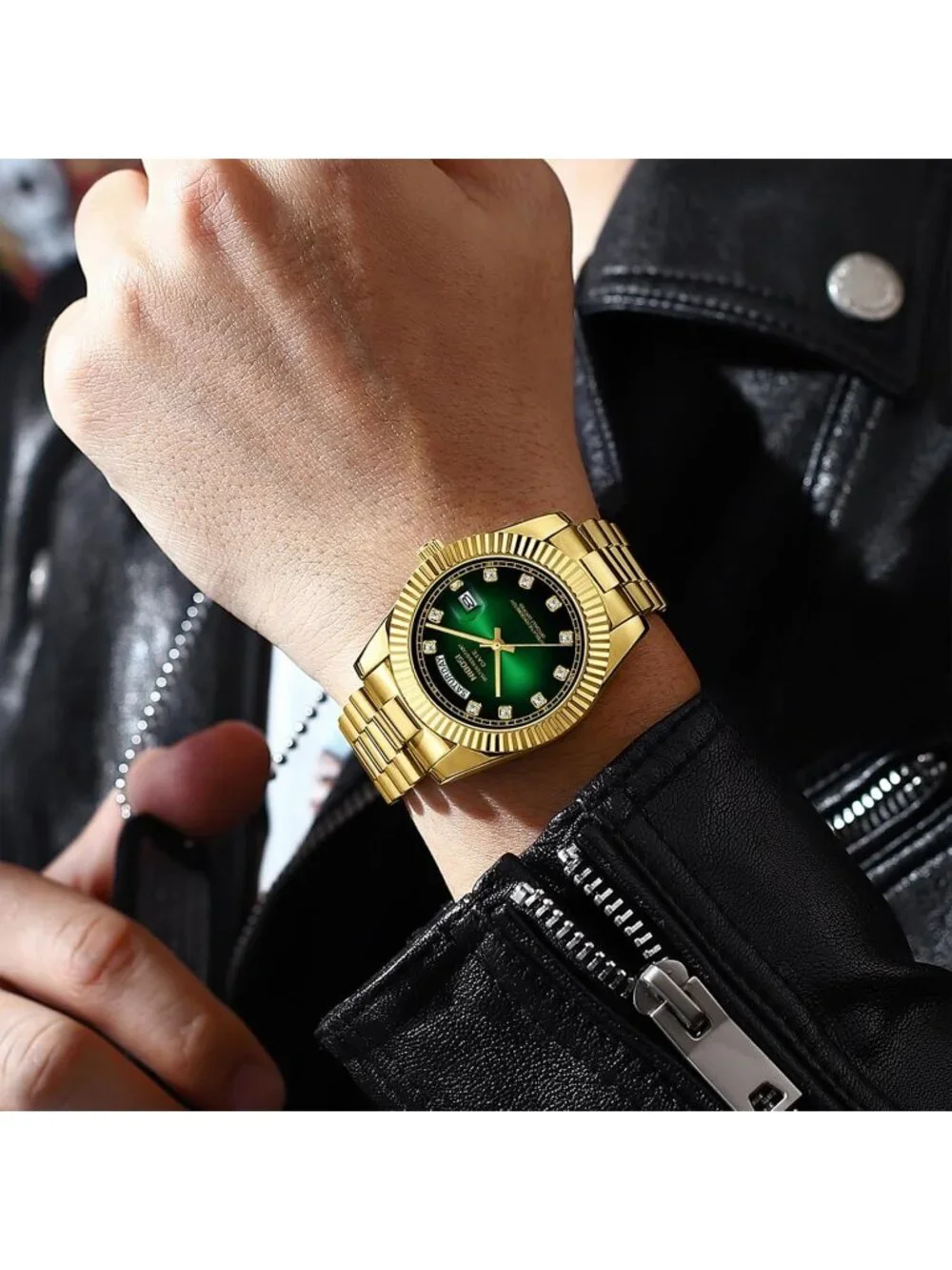 Nibosi Men's Gold Analog Quartz Stainless Green Face Waterproof Desiger Watch